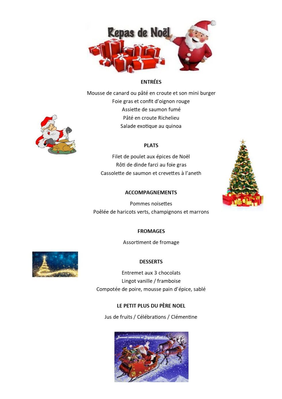 Menu du repas de Noël du jeudi 15 décembre 2022 Collège Paul Chevallier